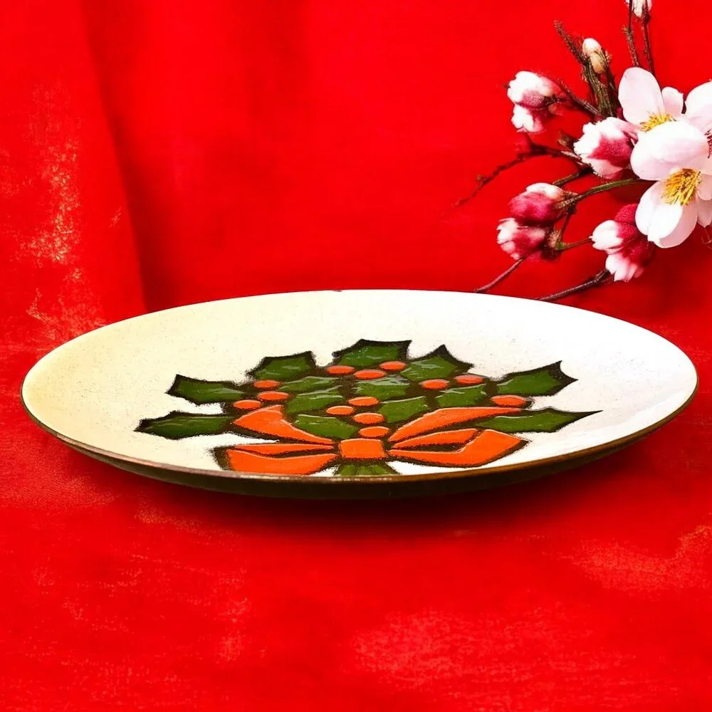 Annemarie Davidson Copper Floral Enamel Plate Christmas Holly Bow Sticker